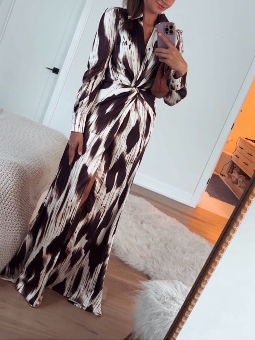 Fashion Nova Brown and White Twist-Knot Long Sleeve Maxi Dress size S